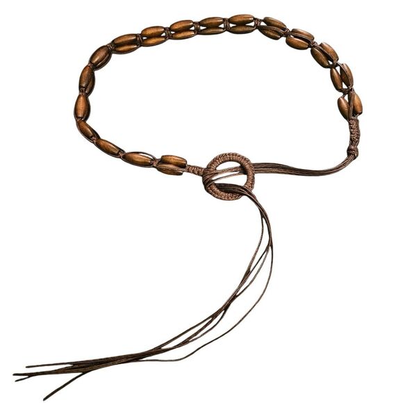 Leather Wooden Beaded Belt‎ One Size Bohemian Hippie Boho - Picture 5 of 5